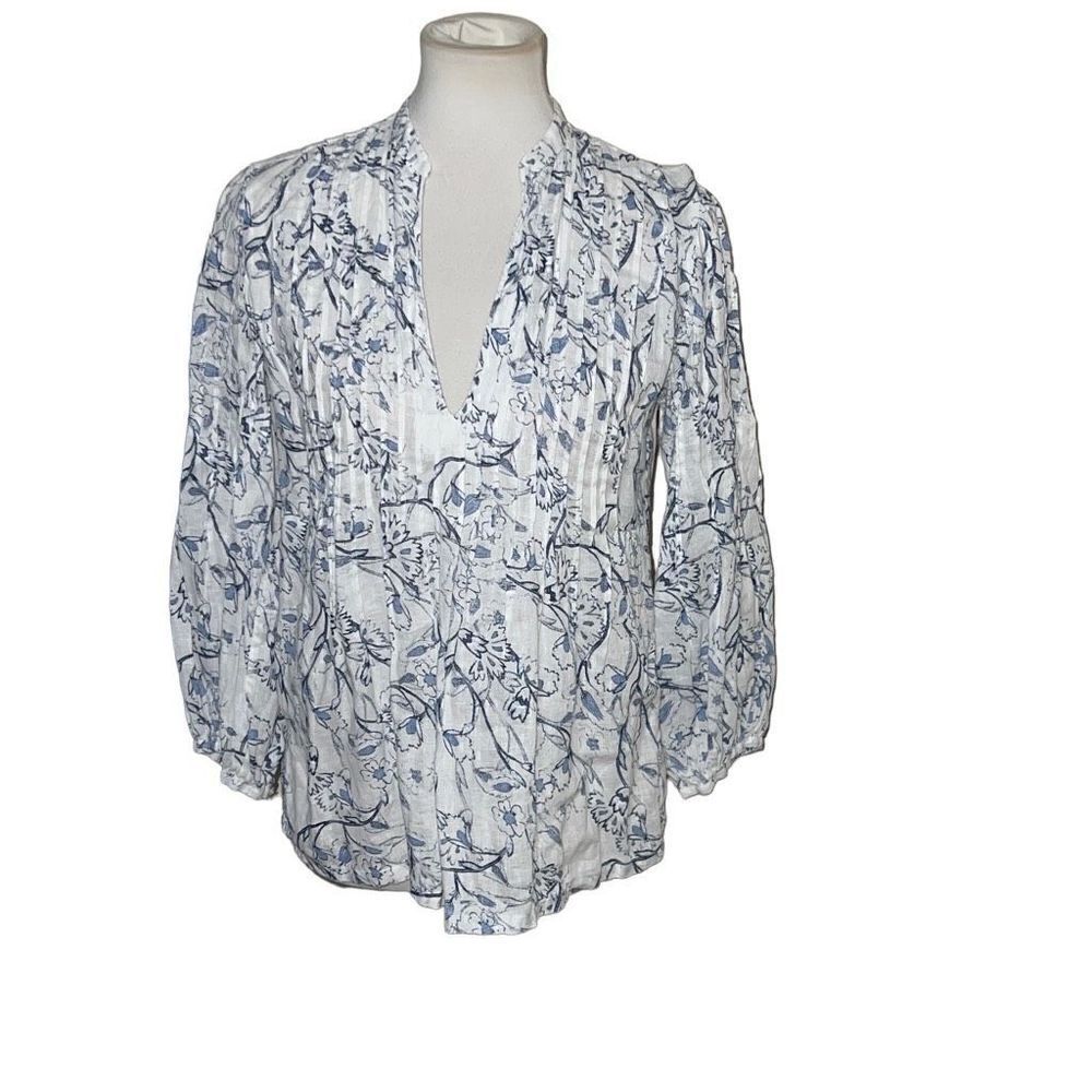 120% Lino Etched Indigo Floral Print Poet Style Top Pintucked sz IT 38, US 2